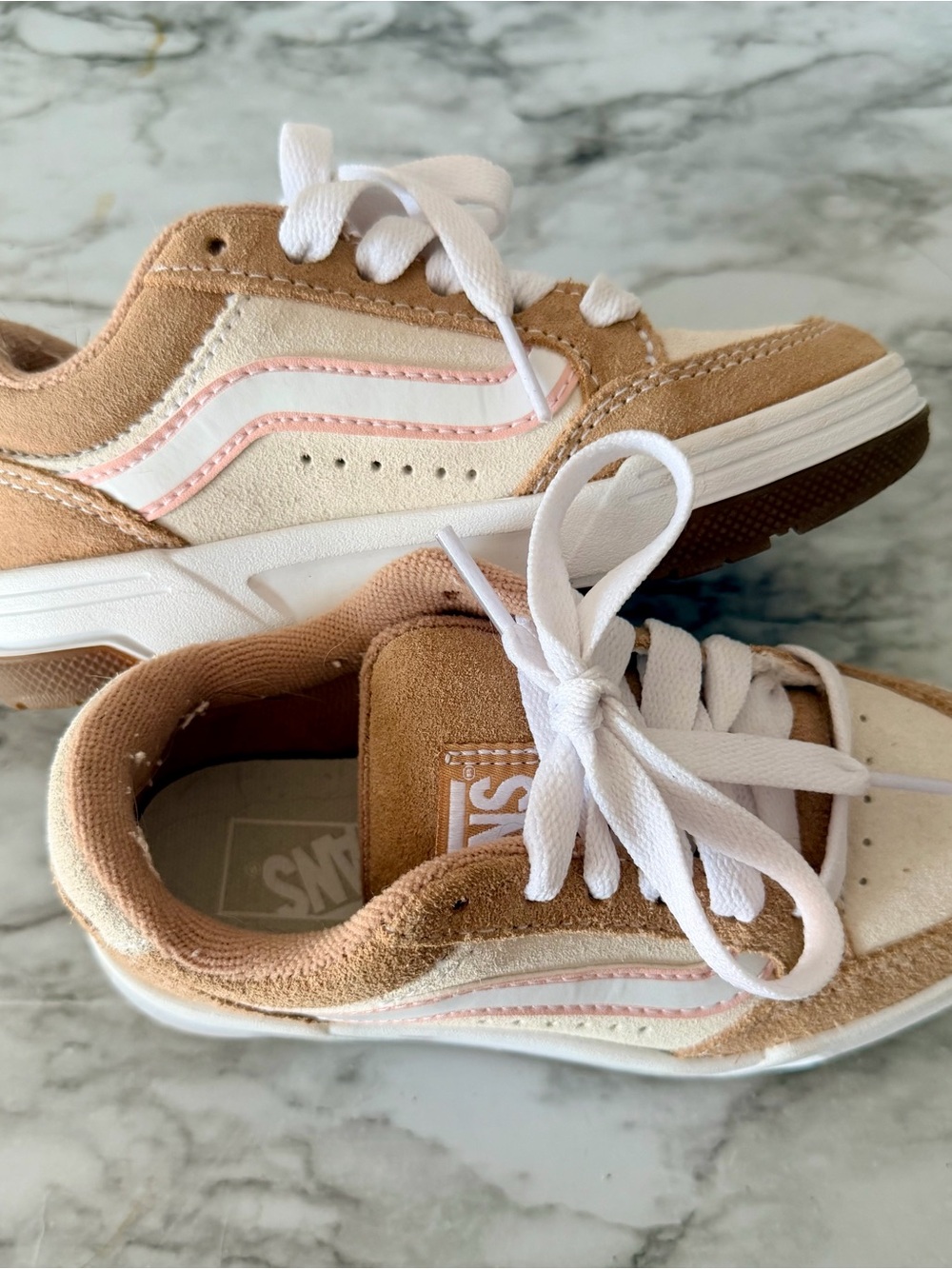 Vans Kids Tan Suede Sneakers with Pink Stripe and White Laces